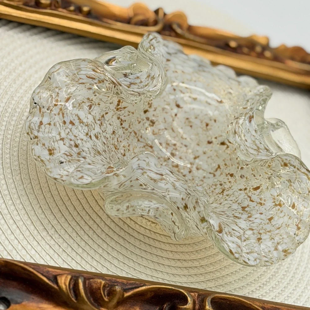 Vintage Hand Blown Art Glass Ruffled Bowl White Gold Fleck Splatter Murano Style